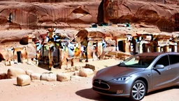A Tesla's 'Model S Plaid' is parked, at Petra, in Jordan. CINEMATIC. WIDE ANGLE LENS.