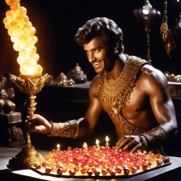 [high res photo by Ray Harryhausen] Malik works swiftly, his gnarled fingers deftly selecting the gems. The rubies spill onto the counter like drops of liquid fire, their facets catching the lamplight and casting dancing shadows across your face. He adds topaz that glows like molten gold, citrines that pulse with honeyed light, and amethysts that seem to hold the secrets of ancient kingdoms within their depths.