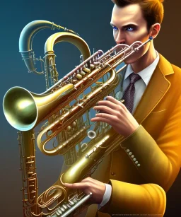 evil mechanoid person playing saxophone with a steampunk theme, realistic