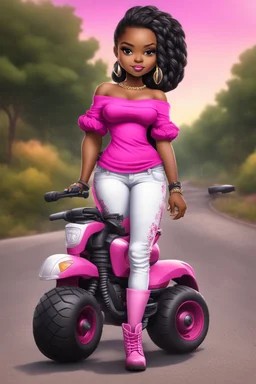 Create a digital airbrush cartoon of a curvy African American chibi female wearing tight white jeans and a off the shoulder hot pink blouse. She is also wearing timberland boots. Prominent make up with hazel eyes. Highly detailed very long extremely braids of black hair. Her skin is smooth and silky. Background of a track of ATV riders.