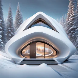 Zaha Hadid style snow hut, digital art, hyper-detailed, light colors, 8k oil painting