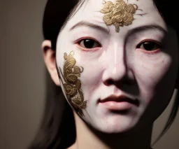 Realistic image portrait. Sweet face traditional japanese porcelain mask. 4k resolution, intricate details, ornate details, soft lighting, unreal engine 5.