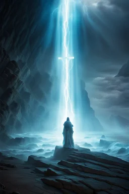 Figure composed of radiant beams carrying a cross of luminance on its back, traversing a cleft within the ocean waters cascading onto dry ground flanked by towering sea walls to each side, ambient glow, cast light defining the rugged textures of the cracked ground, serene yet ethereal atmosphere, detailed, ultra clear, high dynamic range. stunning