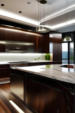 Kitchen, modern style, dark walnut timber veneer, metal Fram with tinted glass door, curve island bench, marble bench top, cook top