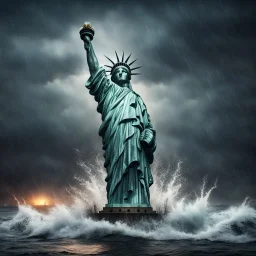 Hyper Realistic apocalyptic haunted view of broken statue of liberty at dark rainy night between the sea with big wave splashes