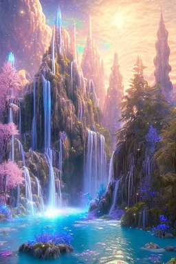 waterfall cascades of multicolored crystals in a blue sky, cosmic and galactic ambiance, full of details, smooth, bright sunshine，soft light atmosphere, light effect，vaporwave colorful, concept art, smooth, extremely sharp detail, finely tuned detail, ultra high definition, 8 k, unreal engine 5, ultra sharp focus