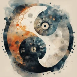 Double exposures:: yin yang symbol by Andreas Lie and Dan Mountford; vision of a clock face; by Bojan Jevtic, by Victo Ngai; Splash art, intricate detailed, double exposure photo layering, roman numerals, hyperdetailed, watercolor and ink, loose brushstrokes, dramatic, reflective, moody, beautiful