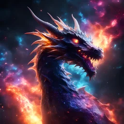 cosmic etheral void dragon in dark cosmos, galaxy and nebula in background, backlight, fire and meteor particles in space, bright colors, glowing sparkle particles, dark tone, sharp focus, high contrast, 8k, incredible depth, depth of field, dramatic lighting, beautifully intricate details, clean environment, epic dynamic scene, trending or artstation