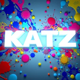 A stunning 4D rendered illustration featuring the name "KATZ" perfectly spelled in a captivating and unique style. The bright, bold white letters are illuminated with vivid white. The Katz logo is the central focus. Surrounding the KATZ are abstract patterns and shapes in a myriad of colors, including all colors, especially blues, reds and yellows. Some of these patterns resemble fluid or paint splatters, while others have a more structured, almost psychedelic appearance. The overall feel of the