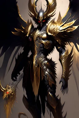 an image of a demonic creature with wings, archaon the everchosen, ornate supreme demon overlord, diablo digital concept art, diablo concept art, epic exquisite character art, omen from valorant, concept art of omegamon, angelic golden armor, infernal art in good quality, dark fantasy character design, black and golden armor, saint michael the angel