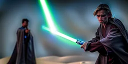 A jedi with his lightsaber, 8k, HD, cinematography, photorealistic, Cinematic, Color Grading, Ultra-Wide Angle, Depth of Field, hyper-detailed, beautifully color-coded, insane details, intricate details, beautifully color graded, Cinematic, Color Grading, Editorial Photography, Depth of Field, DOF, Tilt Blur, White Balance, 32k, Super-Resolution, Megapixel, ProPhoto RGB, VR