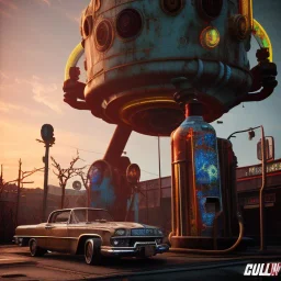 sunset, fallout 4 character, robot dog on roller skies in the streets of cyberpunk city filling up car, gaz station, unreal, spray paint, clay, vox model