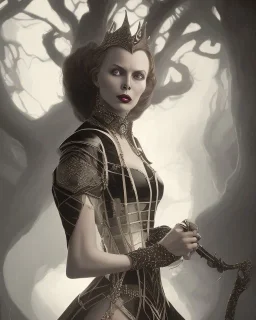 old evil queen in black leather gown with a whip in her hand, femme fatale, volouptous, busty, cleavage, angry, emperious, 8k resolution concept art portrait by Greg Rutkowski,