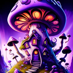 A long staircase spiraling off a hill and magically into the sky to meet a mushroom house in the distance A weird mushroom house with drippy spots on a floating space island. white purple tangerine. Detailed gloss Painting, rich color, fantastical, intricate detail, splash screen, hyperdetailed, insane depth, concept art, 8k resolution, trending on artstation
