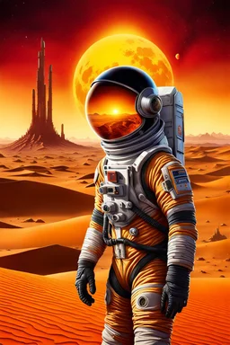 close up portrait a lone astronaut stands on an alien desert, the sun setting in vibrant hues of orange and yellow and red. His helmet reflects the light, he gazes at towering structures on the horizon—remnants of a once-great civilization. With every step through the barren sands, the weight of his mission grows heavier. Is he a pioneer, The silence and black shadows around him , surreal, dark sci-fi, utopistic vibe