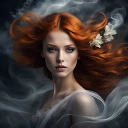 a girl with ginger hair and flower on her forehead, in the style of eerie dreamscapes, flowing fabrics, romantic windblowing, swirling hair, Windy, swirling dark style Dark, misty, fantasy Dark, dark scene, eerie, macabre, black smoke, ultraclear image"
