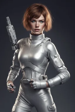 A young space warrior woman with freckles and short brown hair, wearing a silver jumpsuit and holding a pair of energy pistols