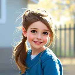 a pretty girl, age 8, hair in a pony tail, playing outside, blue school jumper, digital painting, stylised