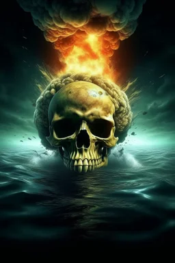 an explosions in side the human skull brain and huge fire behind a nuclear submarine under the water ocean water in all the picture and the on the background