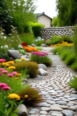 garden design with perennial flowers. where diffrent stones materials are in focus