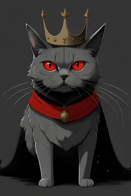 A three eyed grey cat wearing a black crown with a red eye on it and also the cat is wearing a beige cloak covered in blood and the cat has black thorns as it’s arms and hands