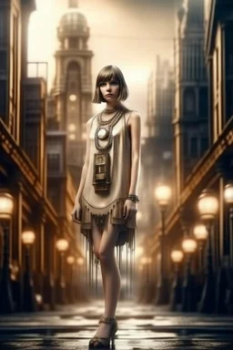 full body picture of a skinny woman with a bob, a fringe hairstyle, 1920s flapper clothing, futuristic steampunk city background