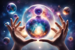 kundalini, connected to the universe, few colours of galaxy, holding galaxies in few hands in glass balls