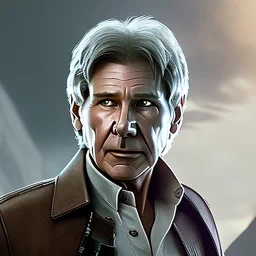 portrait of harrison ford as captain han solo, brown eyes, with realistic and extrem light facial skin, cinematic lighting, photorealistic, volumetric light and shadow, hyper HD, octane render, unreal engine, insanely detailed and intricate, hyper-realistic, space background, watercolour on white paper