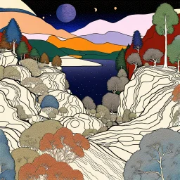 Colourful, peaceful, Gustav Klimt, Egon Schiele, night sky filled with galaxies and stars, rock formations, trees, flowers, one-line drawing, sharp focus, 8k, 3d, ornate