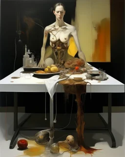 human body, universe-like table,complex surgical instruments mixed with human body-like musical instruments,minimalism,Painting By Adrian Ghenie, Rene Magritte, Lucian Freud