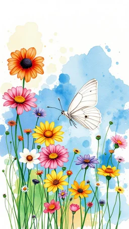 a smear . Field of wild a colorful flowers watercolor drawing on a blue splash colors background with a beautiful white butterfly