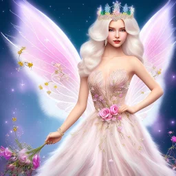 fantasy baby fairy with luminous wings, smiling, make up, long platinum blond hair with crown and flowers, pink dress