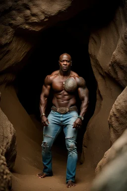 Alimi Ballard as very muscular male. bald with tribal tattoos wearing jeans and a teeshirt outside a cave