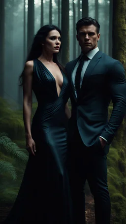 beautiful dark haired woman in a long dress standing next to a muscular male in a suit, Forest setting, dark fantasy, photorealistic. 4k