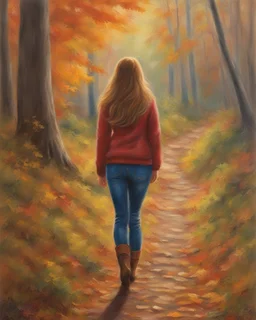 Painting of a girl in an autumn forest, oil pastel style, fine detail, by Thomas Kinkade