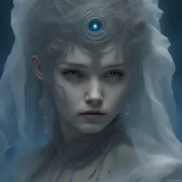 photorealistic beautiful girl RICHLY ADORNED WITH LACE completely made by transparent glass and drops of water, reflecting a blue light, ULTRA detailed; CORRECT anatomy, FACE and eyes, STYLE by JEAN BAPTISTE MONGE, H.R. Giger, MICHELANGELO, Gustave Dore, LEONARDO DA VINCI, CARAVAGGIO, GOYA, insanely detailed and intricate, hypermaximalistic, HIGH DEFINITION AND DETAILED
