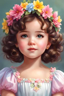 a painting of a little girl with a flower crown on her head, portrait of Shirley Temple, realistic cute girl painting, realistic anime style at pixiv, kawaii realistic portrait, realistic anime art style, realistic anime artstyle, fairy cgsociety, carlos ortega elizalde, realistic anime 3 d style, detailed portrait of anime girl, semirealistic anime style, photorealistic anime girl render