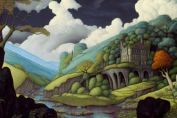 River valley, rocks, trees, an abandoned manor on the mountainside, cumulus clouds, afternoon, eerie, atmospheric, deep perspective, realistic, natural colors, muted colors, intricate details, majestic, magnificent, high definition, fantastical, magical, mystical 8k, oil and canvas, in the style of Edward Burne-Jones, John William Waterhouse, Caspar David Friedrich