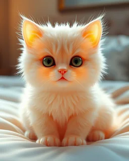 Generate image: A macro 3D render of a cute, lovely wooly cat,made of Translucent glossy jelly material, soft gelatinous appearance, smooth rounded surface, realistic subsurface scattering, internal light diffusion, subtle volumetric translucency, wet polished highlights, slightly reflective surface, soft rubbery-plastic texture, vibrant neon color, physically based shader, studio lighting, high-end CGI render.on a conform in a luxury bedroom.