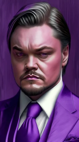 leonardo dicaprio look a like portrait ultra realistic in suit, purple colors