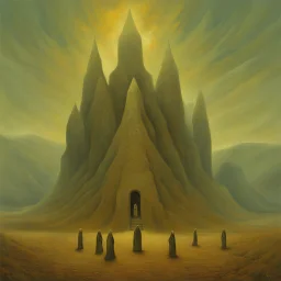 the bells become their voice, styled by Leonora Carrington and Zdzislaw Beksinski, asymmetrical surrealism, vertigo-inducing expansive landscape of Beksinski, surreal elongated figures of Carrington, trending on Artstation, matte oil painting, additional style by Dariusz Klimczak