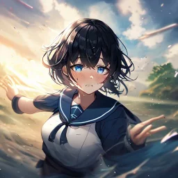 Clear focus,High resolution, Black short fluffy hair, and blue eyes, wearing a sailor uiform, on a deserted island, crying, Wind magic