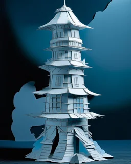 A pale bluish white tower in a tempest designed in Japanese origami painted by Lucas van Leyden