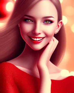 girl in red dress, close up portrait, Christmas, smiling, cute, beautiful