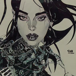 Billie Eilish as a goth punk vampire huge girl, illustration by Yoji Shinkawa and Katsushika Hokusai, finely detailed facial features, finely drawn and inked, 4k, symmetric, hyperdetailed , dark plum tones