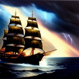 Drawing of 'Black Pearl Ship,Storm,lighting, Skull island', painting by Earl Norem, simon Bisley,frazetta,西嘛哒, evan lee, Vallejo,kelly oil on canvas, cinematic composition, extreme detail,fit full head inside picture,8k