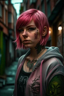 1girl, hoodie, arm tattoo, portrait, asymmetrical bangs, bandaid, short hair, bangs, breasts, freckles, grey eyes, large breasts, looking at viewer, neck tattoo, nose piercing, pink hair, scar, scar on face, solo, tattoo on face, upper body, detailed background, town, alley, dark alley, portrait, hood on head, night, angry, close up, closed mouth, , ((masterpiece)), absurdres <lora:arcane_offset:1>