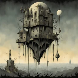 UPSIDE-DOWN world, reversed vertical, Gris Grimly and Magritte deliver a dark surreal masterpiece, muted colors, sinister, creepy, sharp focus, dark shines, upside-down, reversed vertical composition, upside-down picture