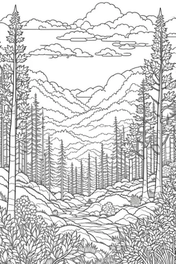 outline art for landscapes coloring pages for adults with forest, white background, Sketch styl, only use outline. Mandala style, clean line art, no shadows and clear and well outlined, Intricate Patterns and Details