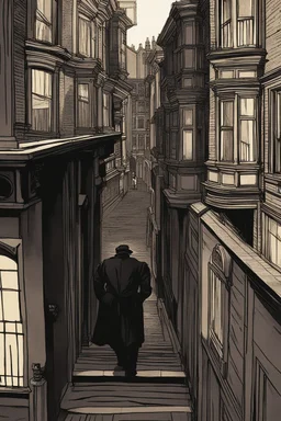 man in dark clothing, hiding around a corner while looking down on a brightly lit Victorian street